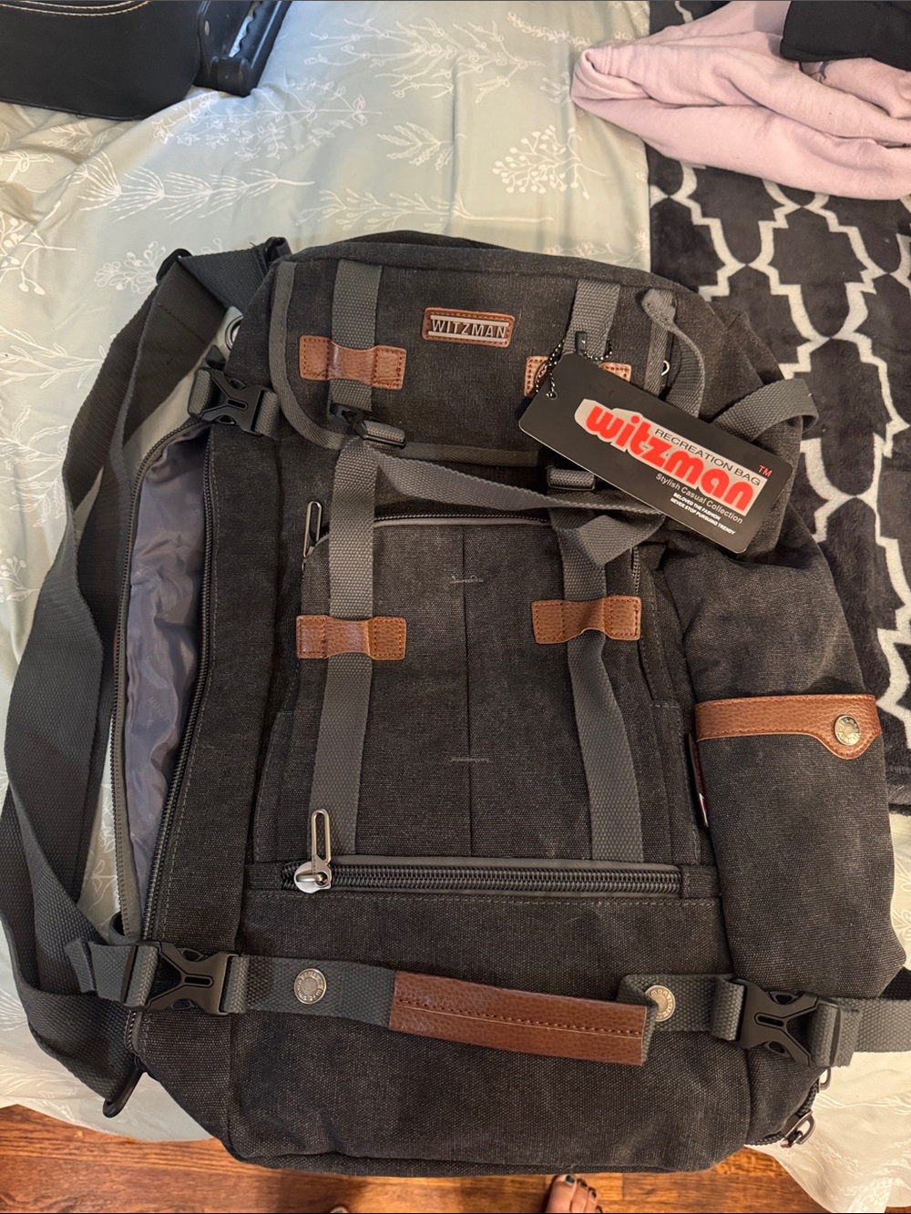Black Canvas Backpack with Brown Accents
